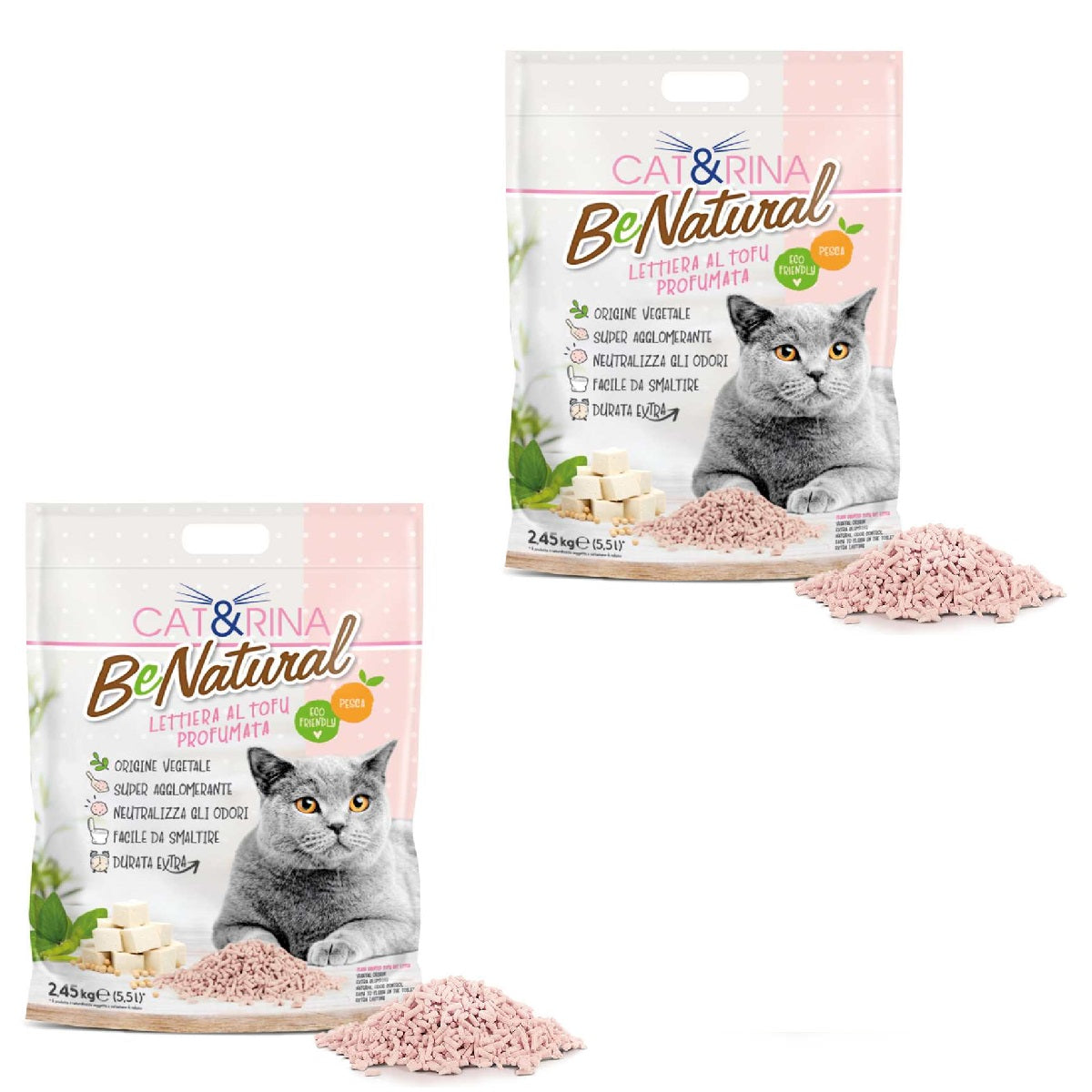 2x5,5L Cat&rina BeNatural - Lettiera da WC al Tofu - Profumo Pesca 2x5,5L Cat&rina BeNatural - Lettiera da WC al Tofu - Profumo Pesca